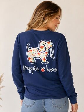 Puppie Love Women's Navy Long Sleeve Graphic Tee - Puppy Print Medium